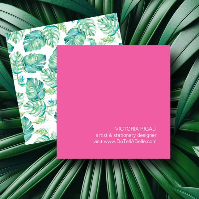 Tropiska Monstera Handflatan Lövs Fyrkantigt Visitkort (Girly business cards watercolor tropical monstera palm leaves by Victoria Grigaliunas)