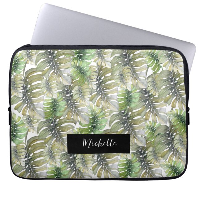 Tropiska Monstera Handflatan Pastel Monogrammed Laptop Fodral (Framsidan)