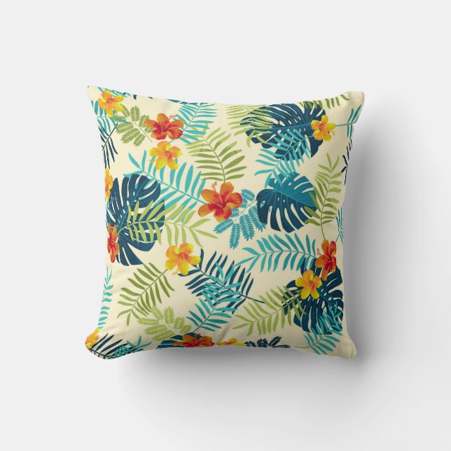 Tropiska Monstera Hibiscus Sommaren Mönster Kudde (Framsida)