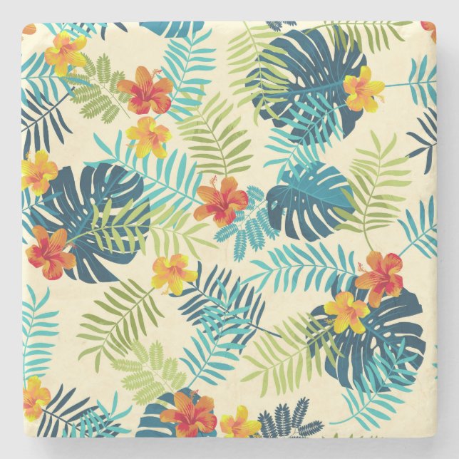 Tropiska Monstera Hibiscus Sommaren Mönster Stenunderlägg (Framsidan)