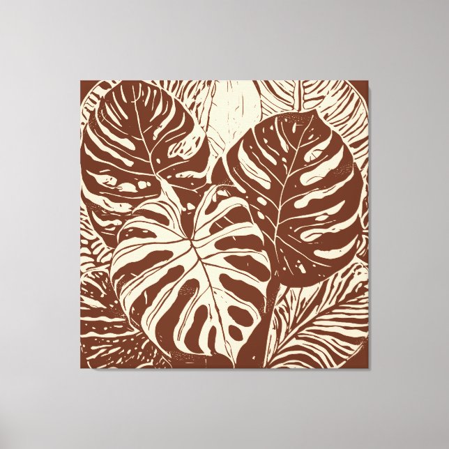 Tropiska Monstera Linocut stil art Canvastryck (Framsida)