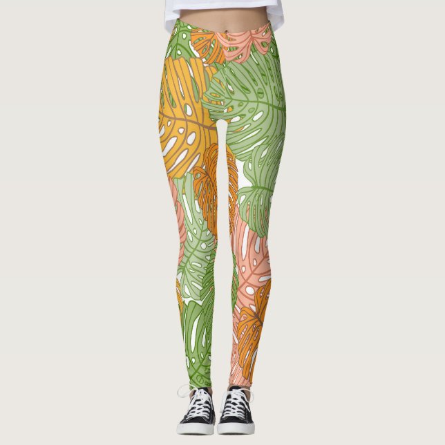 Tropiska monstera löv, färglöst, sömlös patter leggings (Framsida)