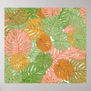 Tropiska monstera löv, färglöst, sömlös patter poster