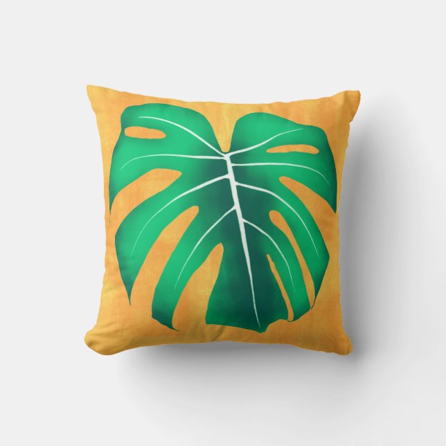 Tropiska Monstera Löv i Gult Kudde (Framsida)