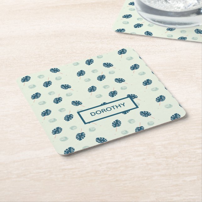 Tropiska monstera löv monogram på blått underlägg papper kvadrat (Vinklad)