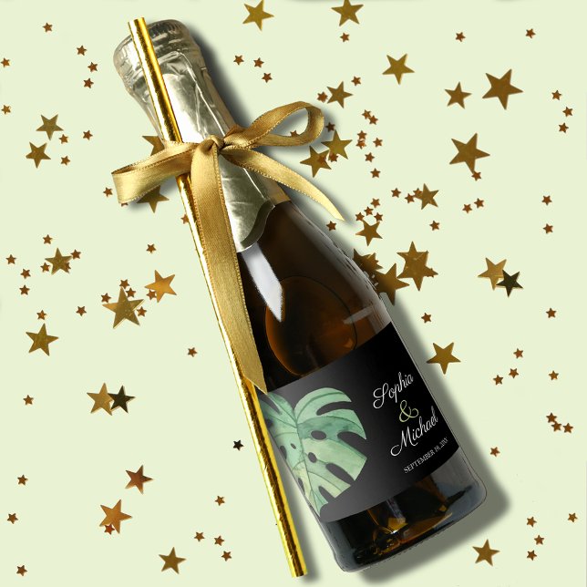 Tropiska Monstera Löv på Black Bröllop MINI (Monstera leaf wedding mini champagne labels for favors or to serve to guests)
