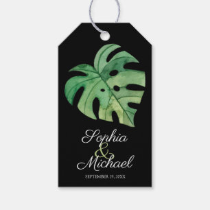 Tropiska Monstera Löv på Svarta Bröllop Presentetikett