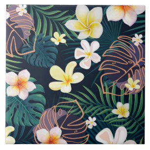 Tropiska monstera löv plumeria-blommor kakelplatta