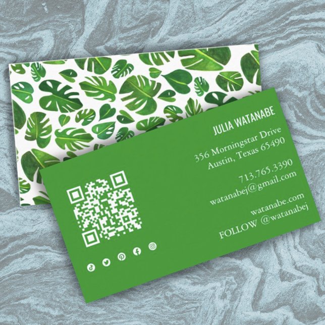 Tropiska Monstera Löv QR Code Social Media Chic Visitkort (Skapare uppladdad)
