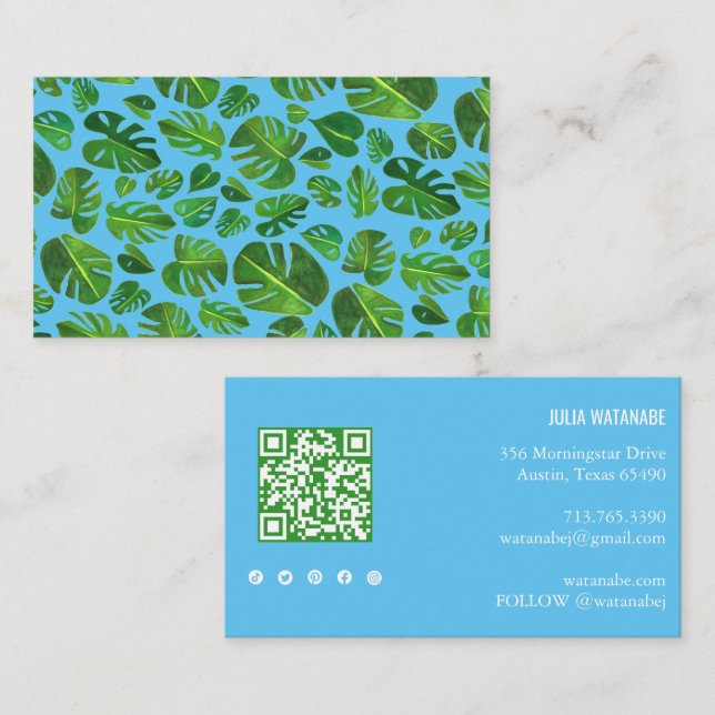 Tropiska Monstera Löv QR Code Social Media Chic Visitkort (Fram/baksida)