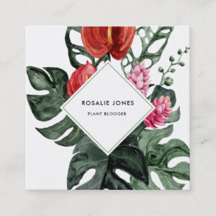 Tropiska Monstera Löv Watercolor Flowers Squar Fyrkantigt Visitkort