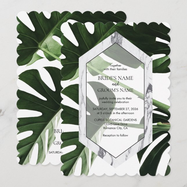 Tropiska Monstera Marble-inbjudningar Inbjudningar (Fram/baksida)
