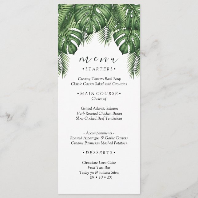 Tropiska Monstera Palmblad Bröllopsmeny Kort (Framsida)