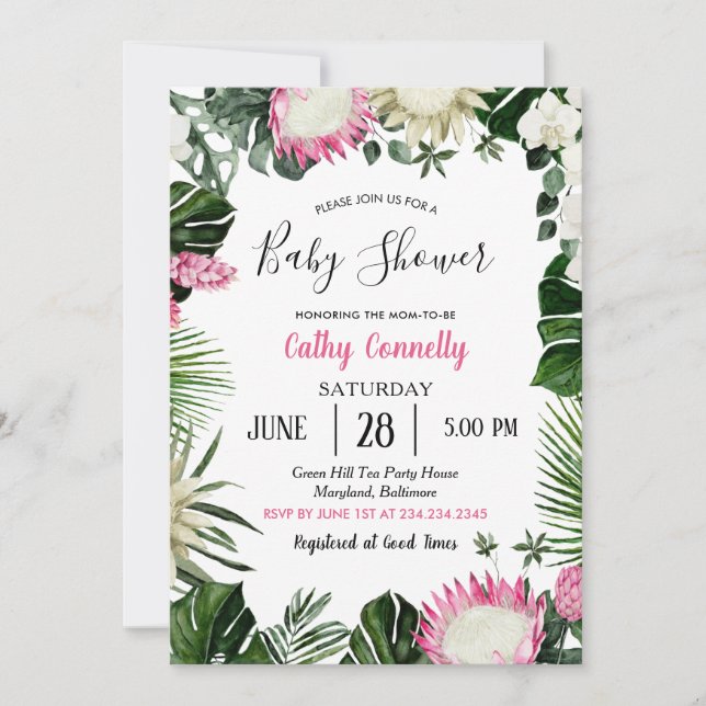 Tropiska Monstera Protea Flower Rosa Baby Shower Inbjudningar (Framsida)