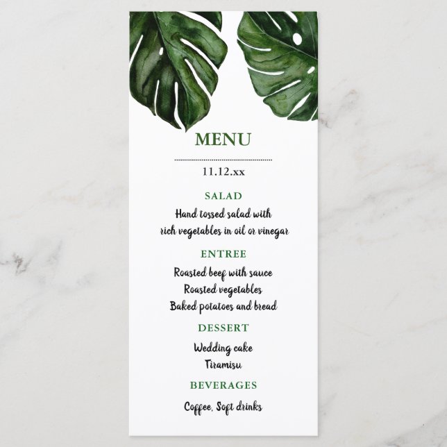 Tropiska Monstera Watercolor Löv | Bröllop Menu Meny (Framsida)