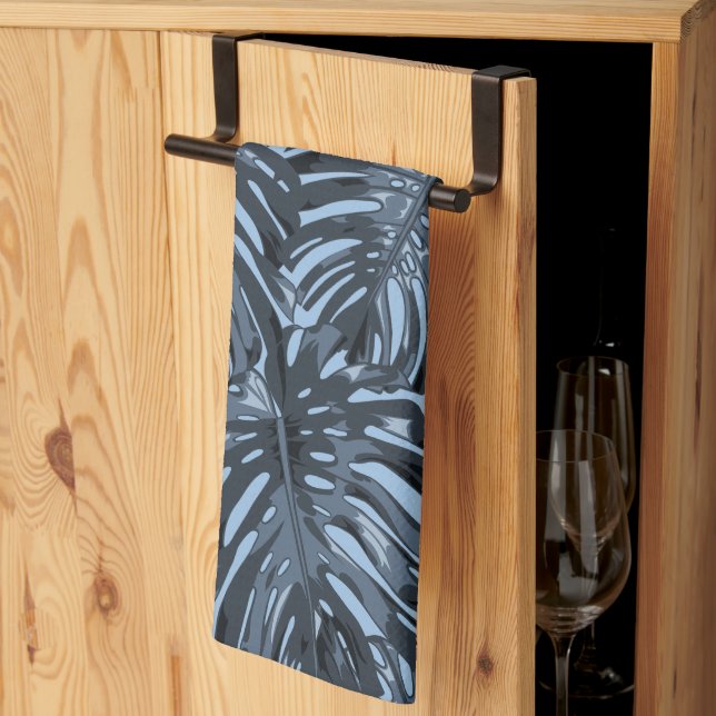 Tropiska mörkblå Monstera djungelblad Kökshandduk (Thirds Fold)