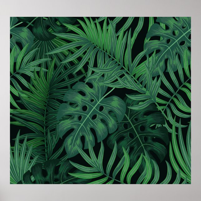 Tropiska nattens Grönt: Exotic Plant Mönster Poster (Framsidan)
