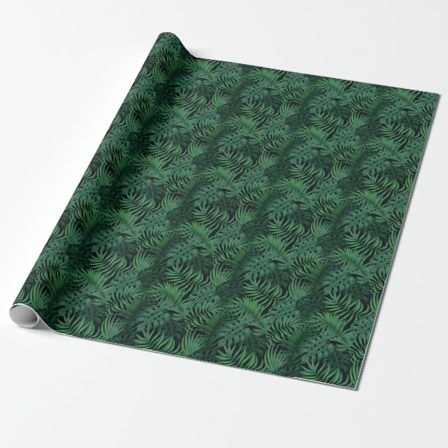 Tropiska nattens Grönt: Exotic Plant Mönster Presentpapper (Utrullad)