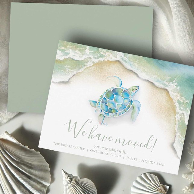 Tropiska Nya adress kort (Moving announcement cards watercolor sea turtle ocean art by Victoria Grigaliunas DoTellABelle)
