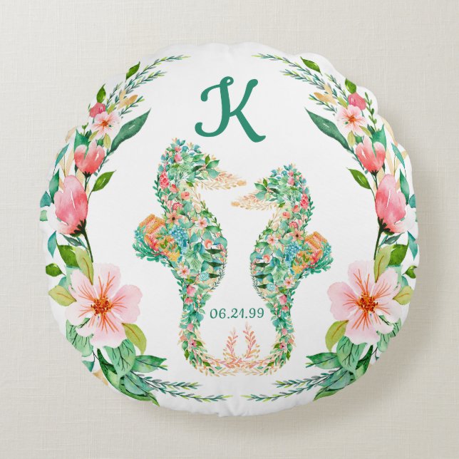 Tropiska Nygifta Monogram Blommig Sjöhästar Rund Kudde (Framsidan)