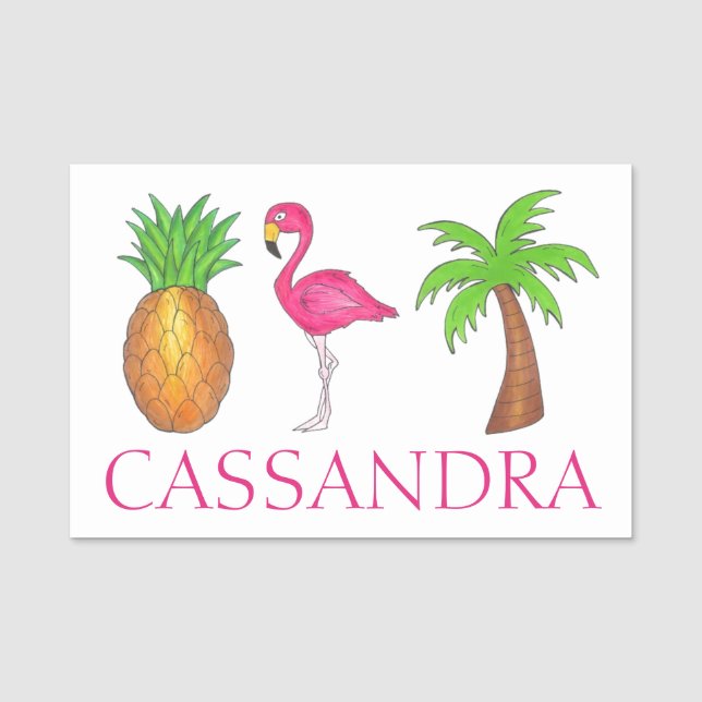 Tropiska öarna Rosa Flamingo Handflatan Träd Pinea Namnbricka (Framsida)