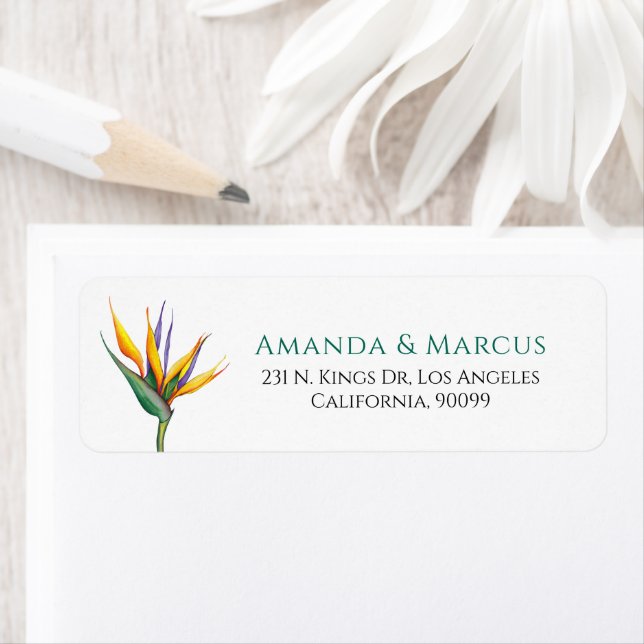 Tropiska oaser Fåglar vid Paradise Flowers Bröllop Returadress Etikett (Insitu)