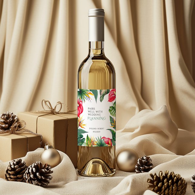 Tropiska Oaser Flowers Bröllop Vinflaska Etikett (Skapare uppladdad)