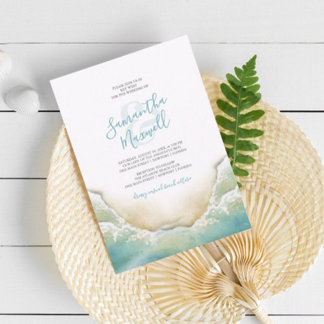 Tropiska oceanen Blå vattenfärgen Shoreline Bröllo Inbjudningar (Beach wedding invitations 5x7 with hand painted watercolor shoreline by Do Tell A Belle)