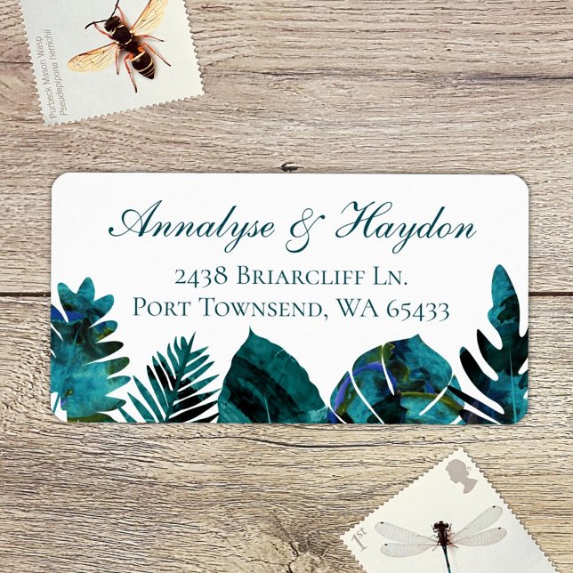 Tropiska ön Löv Bröllop Adress Adressetikett (tropical teal green, aquamarine island palm leaves, monstera, ferns address labels for rsvp cards)