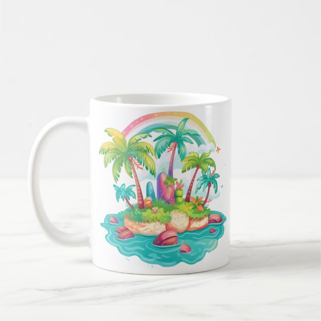 Tropiska ön med Handflatan Träd och regnbåge Kaffemugg (Vänster)