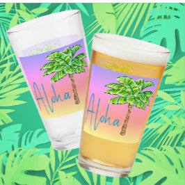 Tropiska ön Sunset Grönt Handflatan Träd Aloha Glaskopp