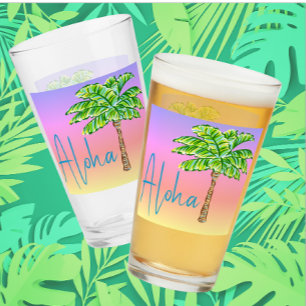 Tropiska ön Sunset Grönt Handflatan Träd Aloha Glaskopp