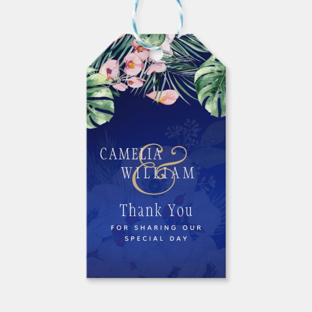 Tropiska öns Royal Blåa blommor Löv Bröllop Presentetikett (Framsidan)
