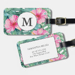 Tropiska öns vattenfärg bagagebricka<br><div class="desc">Den här tropiska bagagetaggen har vattenfärgsblommor och grönt handflatan löv. Art av Victoria Grigaliunas från DotellABelle. Anpassa mallen fält med ditt namn,  telefonnummer och adress.</div>