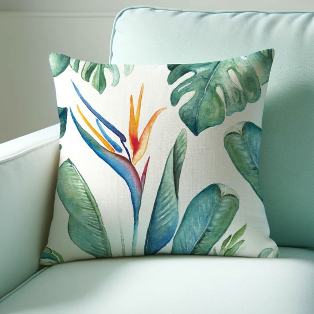 Tropiska Orangen Flower Botanicals and Greenery Kudde (Tropical throw pillows watercolor bird of paradise art by Victoria Grigaliunas of Do Tell A Belle)