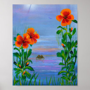 Tropiska Orangen Hibiscus Flowers Frog Creationart Poster