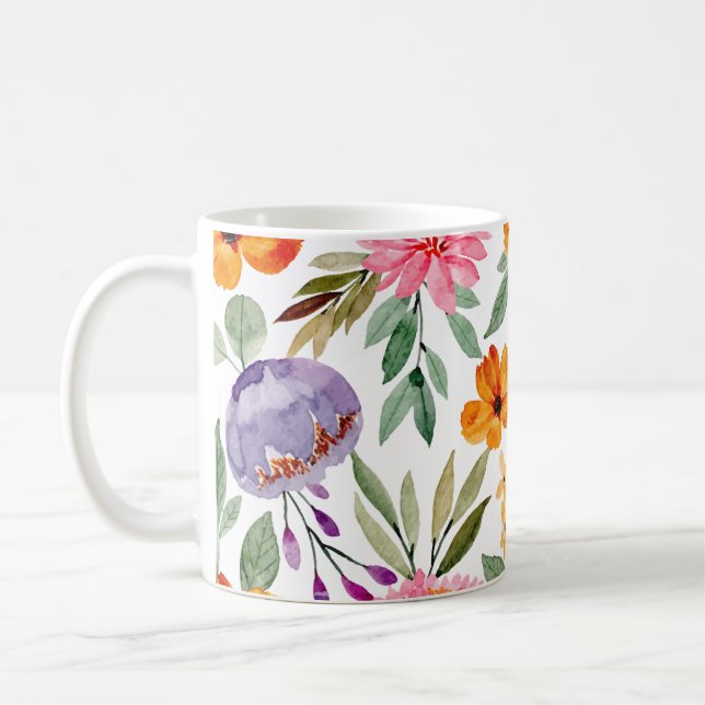 Tropiska Orangens Gult Rosa Lilac Blommönster Kaffemugg (Vänster)