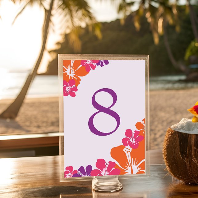 Tropiska Orangens Rosa Lila Hibiscus Bröllop Bordsnummer (Table Number - Front)