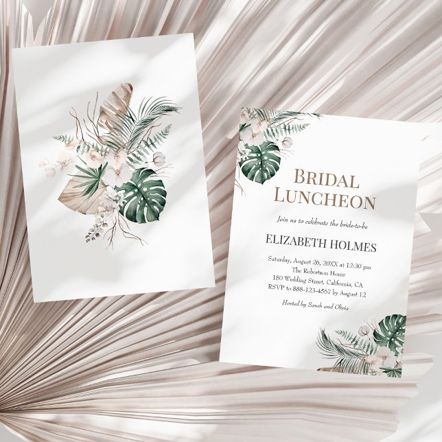 Tropiska orkidéerna Monstera Möhippa Luncheon Inbjudningar (Tropical Orchid Monstera Bridal Luncheon Invitation on a sunny neutral dry palm leaf.)