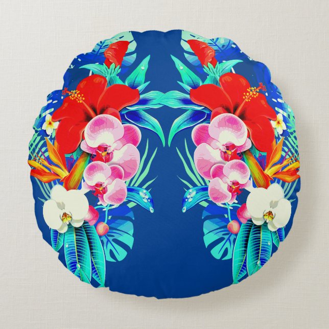 Tropiska orkidéet handflatan löv Hawaiianska blomm Rund Kudde (Framsidan)