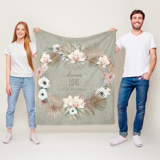 Tropiska orkidiska Blommigten Boho Bohemian Family Fleecefilt (På plats)