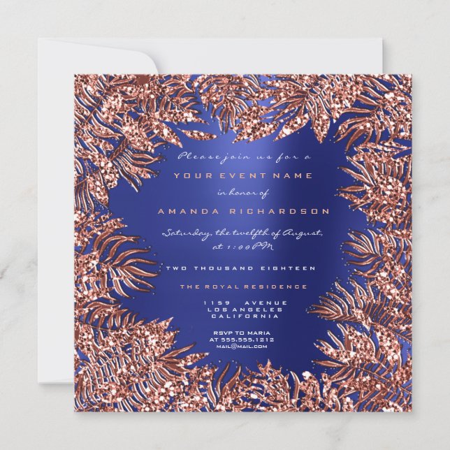 Tropiska ormbunksblad inramad rose gold koppar blå inbjudningar (Framsida)