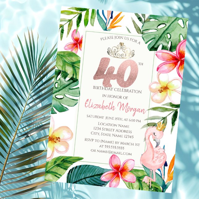 Tropiska Palmblad Blommor Rosa Flamingo 40-årsdag Inbjudningar (Skapare uppladdad)