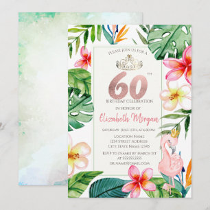 Tropiska Palmblad Blommor Rosa Flamingo 60-årsfira Inbjudningar
