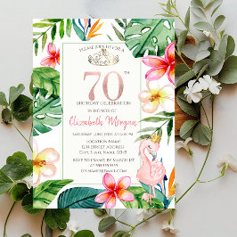 Tropiska palmblad blommor rosa flamingo 70-årsdag inbjudningar