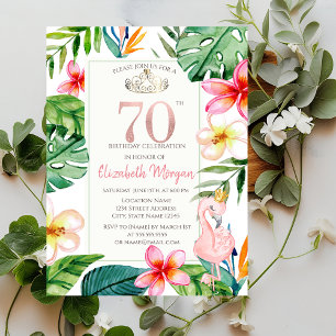 Tropiska Palmblad Blommor Rosa Flamingo 70-årsfira Inbjudningar