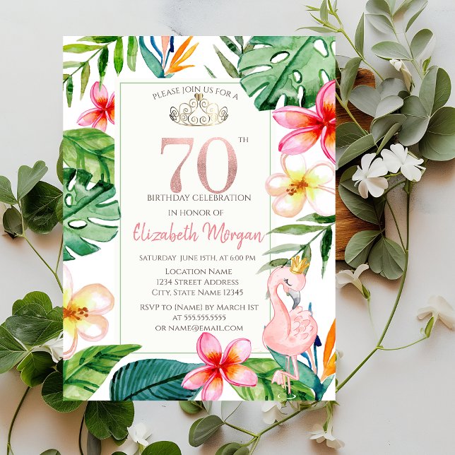 Tropiska Palmblad Blommor Rosa Flamingo 70-årsfira Inbjudningar (Skapare uppladdad)