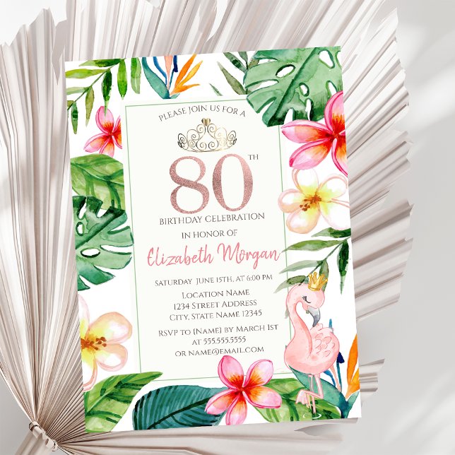 Tropiska Palmblad Blommor Rosa Flamingo 80-årsdag Inbjudningar (Skapare uppladdad)