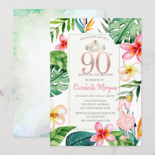 Tropiska Palmblad Blommor Rosa Flamingo 90-års Inbjudningar