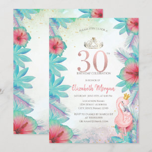 Tropiska Palmblad Hibiskus Rosa Flamingo 30-års Inbjudningar